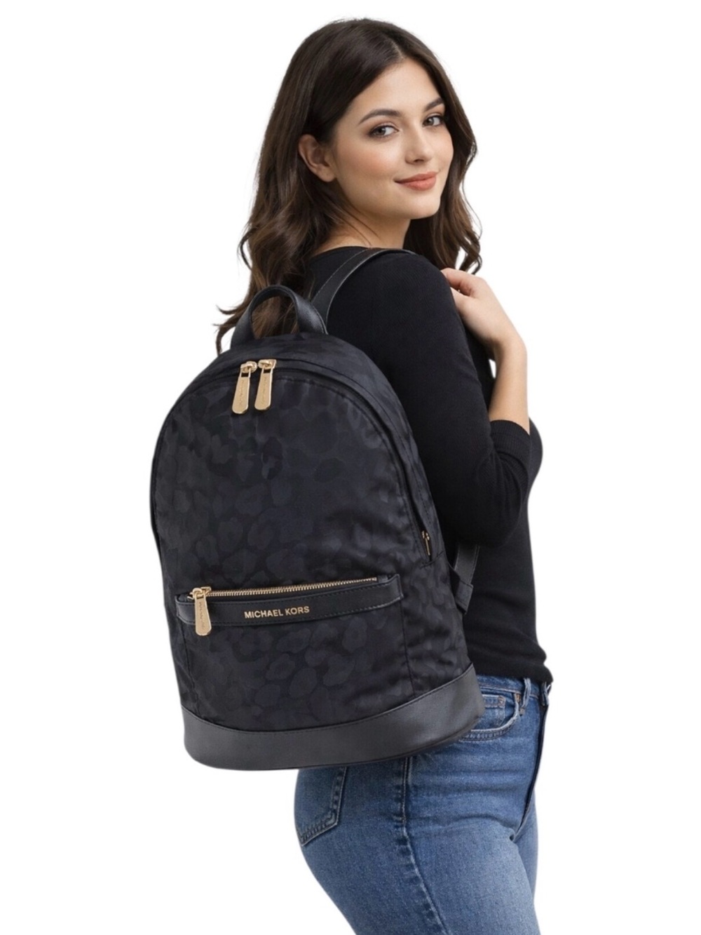 #430 Michael Kors Black Leopard Print Nylon Backpack